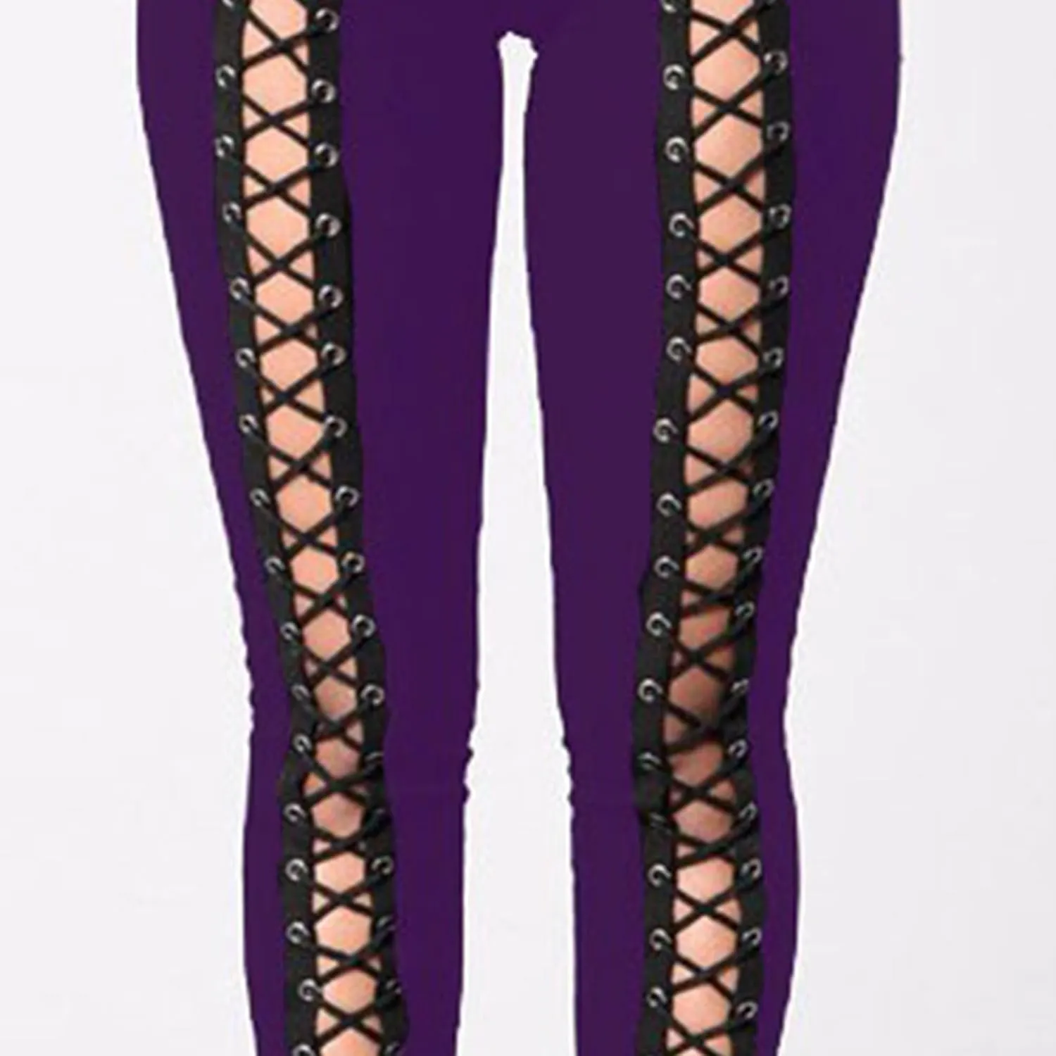 DGHM-JLMY Womens Slim Lace Up Leggings High Waist Bandage Front Lacing Pants Hollow Out Stretch Skinny Narrow Trousers