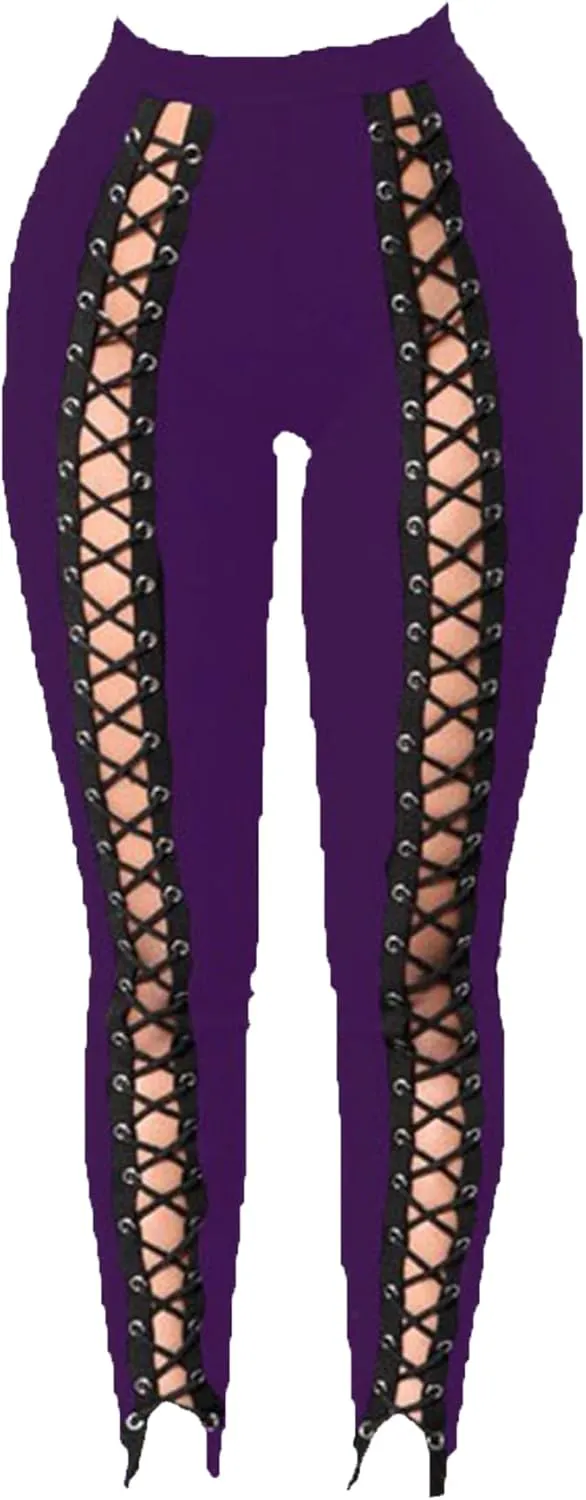DGHM-JLMY Womens Slim Lace Up Leggings High Waist Bandage Front Lacing Pants Hollow Out Stretch Skinny Narrow Trousers