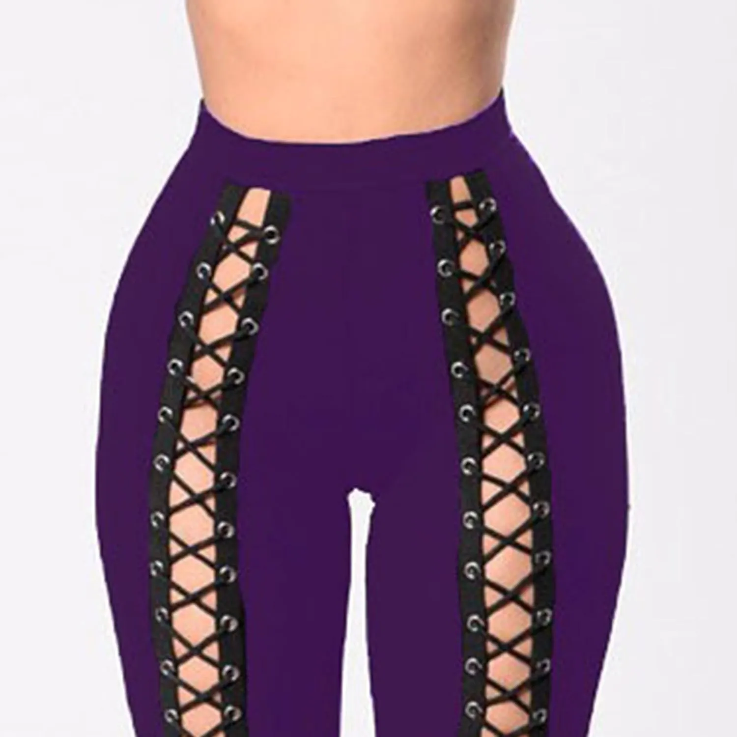 DGHM-JLMY Womens Slim Lace Up Leggings High Waist Bandage Front Lacing Pants Hollow Out Stretch Skinny Narrow Trousers