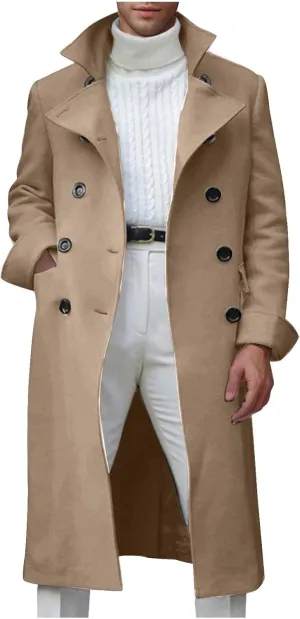 Dgoopd Trench Coat Men Stand Collar Wool Coat Double Breasted Pea Coat Notch Lapel Overcoat Long Winter Coat Casual Jacket