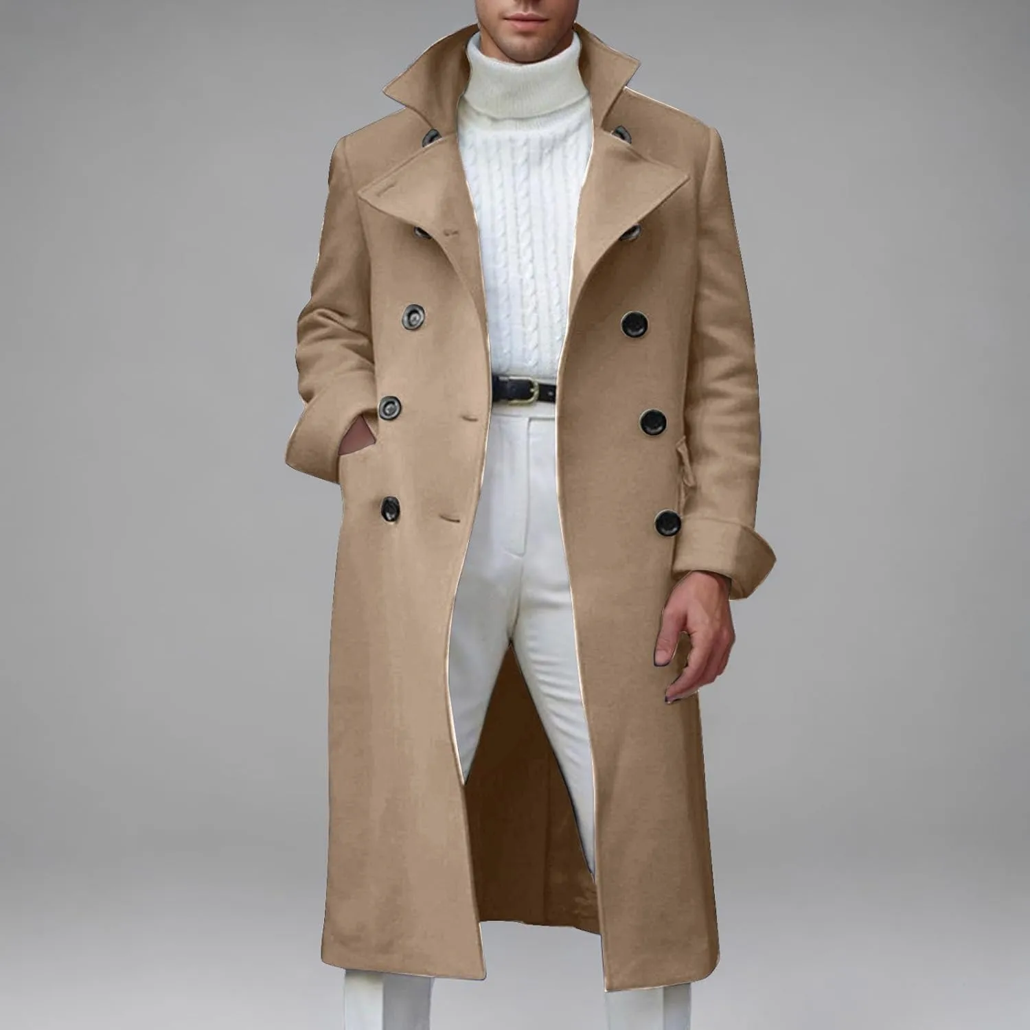 Dgoopd Trench Coat Men Stand Collar Wool Coat Double Breasted Pea Coat Notch Lapel Overcoat Long Winter Coat Casual Jacket
