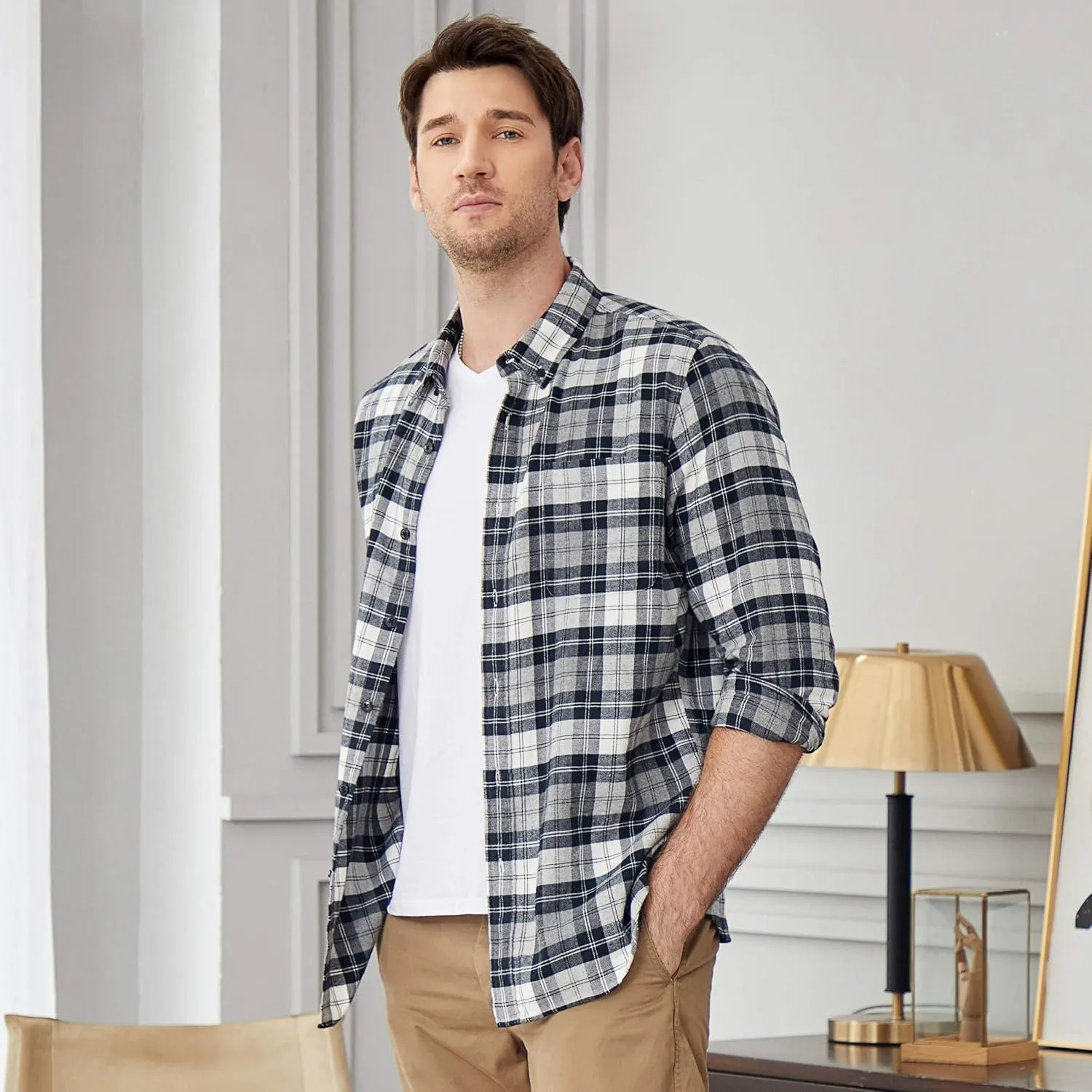 Dubinik Flannel Shirt for Men Casual Button Down Work Soft All Cotton Lightweight Flannel Mens Plaid Shirts Long Sleeve
