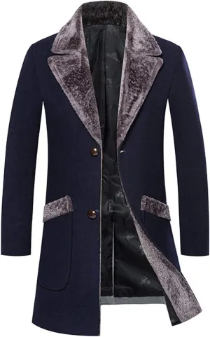 ebossy Men's Winter Fashion Single Breasted Fleece Lapel Wool Blend Trench Coat Jacket