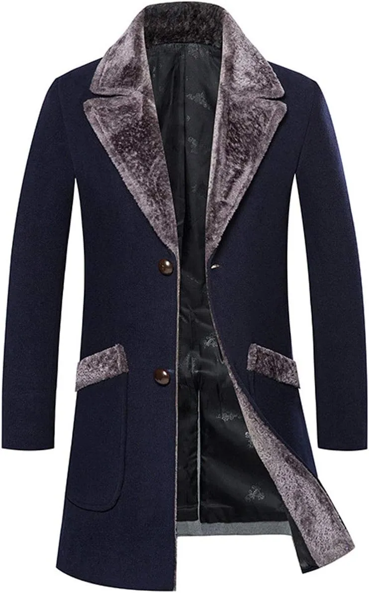ebossy Men's Winter Fashion Single Breasted Fleece Lapel Wool Blend Trench Coat Jacket