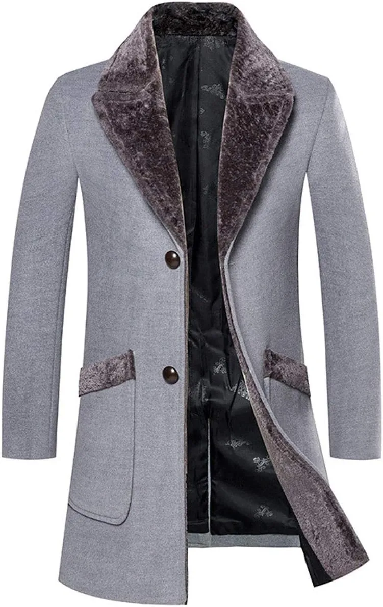 ebossy Men's Winter Fashion Single Breasted Fleece Lapel Wool Blend Trench Coat Jacket