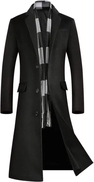 ebossy Men's Wool Blend Full Length Overcoat Single Breasted Long Coat with Flap Pocket