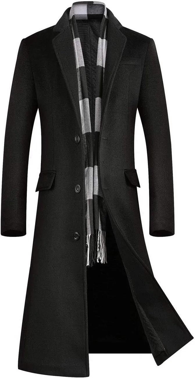ebossy Men's Wool Blend Full Length Overcoat Single Breasted Long Coat with Flap Pocket