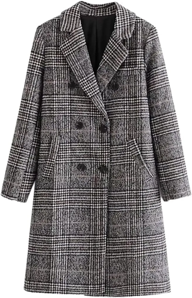 ebossy Women British Thoundstooth Plaid Double Breasted Trench Coat Notched Lapel Loose Wool Blend Outwear