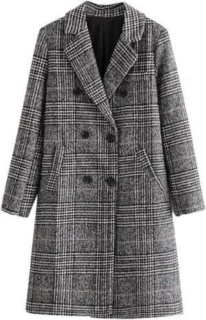 ebossy Women British Thoundstooth Plaid Double Breasted Trench Coat Notched Lapel Loose Wool Blend Outwear