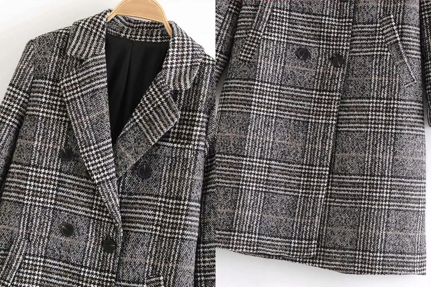 ebossy Women British Thoundstooth Plaid Double Breasted Trench Coat Notched Lapel Loose Wool Blend Outwear
