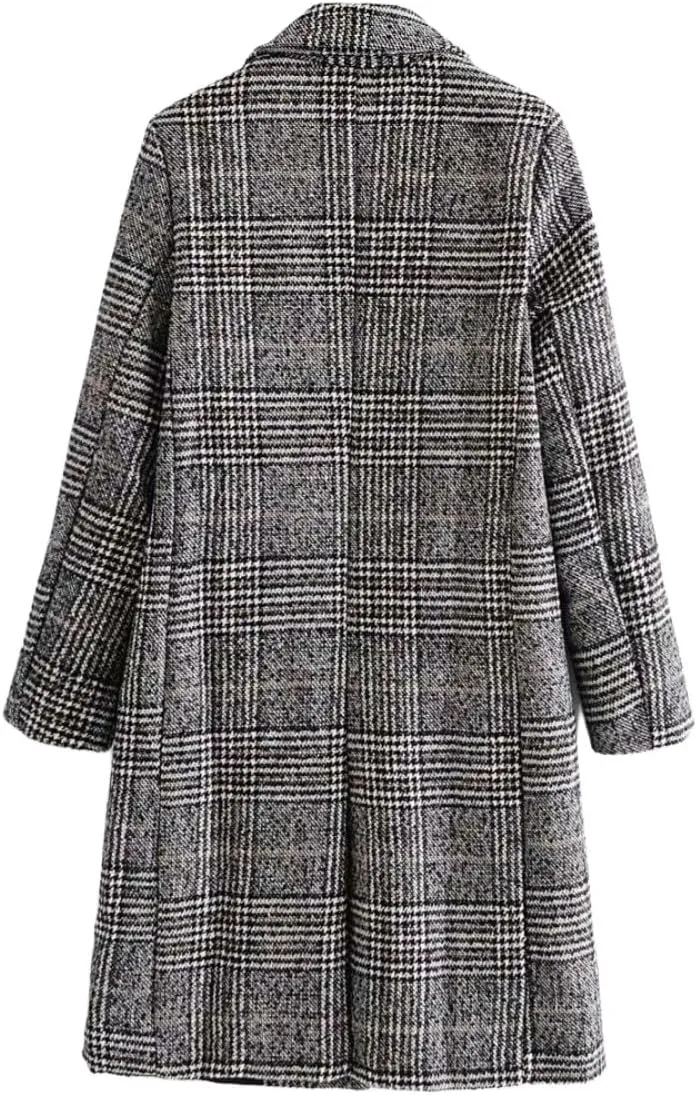 ebossy Women British Thoundstooth Plaid Double Breasted Trench Coat Notched Lapel Loose Wool Blend Outwear
