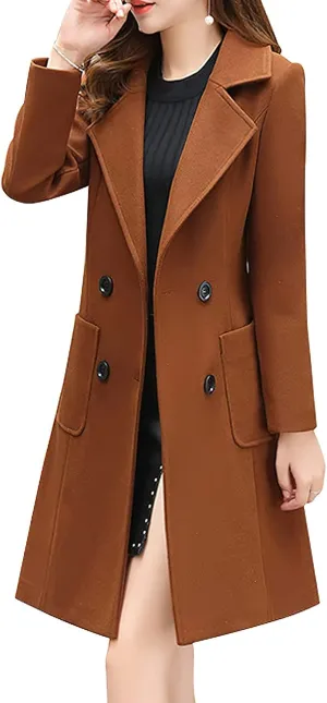ebossy Womens Elegant Double Breasted Notch Lapel Slim Buttoned Winter Warm Wool Blend Pea Coat