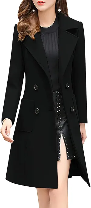 ebossy Womens Elegant Double Breasted Notch Lapel Slim Buttoned Winter Warm Wool Blend Pea Coat