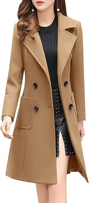 ebossy Womens Elegant Double Breasted Notch Lapel Slim Buttoned Winter Warm Wool Blend Pea Coat