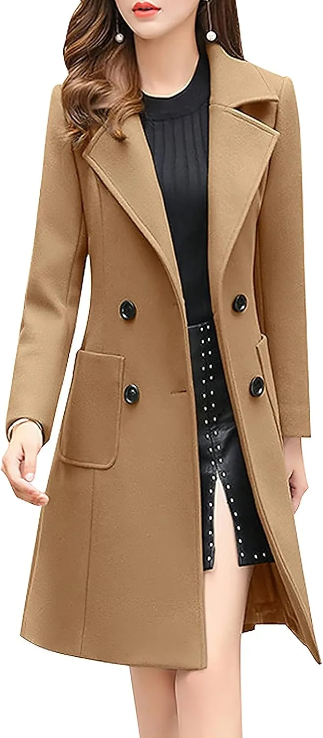 ebossy Womens Elegant Double Breasted Notch Lapel Slim Buttoned Winter Warm Wool Blend Pea Coat
