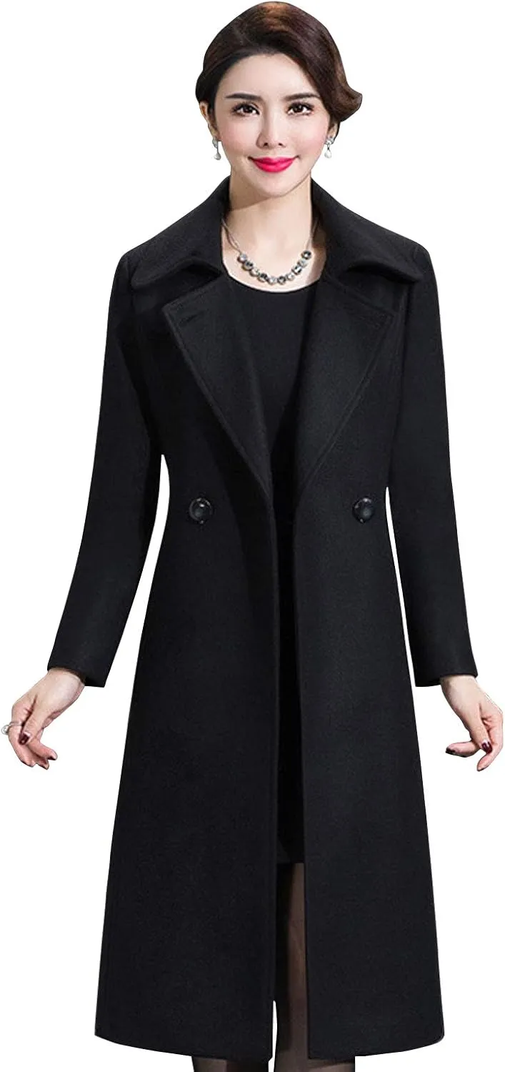 ebossy Women's Formal Wool Blend Overcoat Full Length Slim Long Coat with Belt