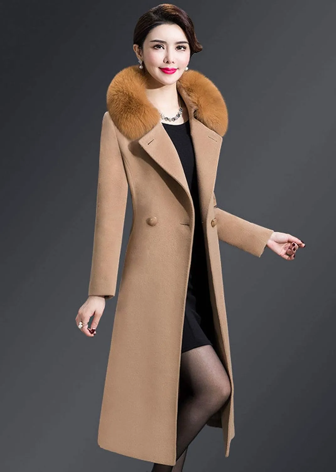 ebossy Women's Formal Wool Blend Overcoat Full Length Slim Long Coat with Belt