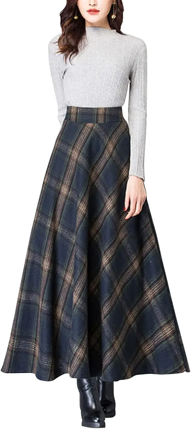 ebossy Women's Vintage High Waist Wool Blend Plaid A-Line Long Maxi Skirt with Pocket