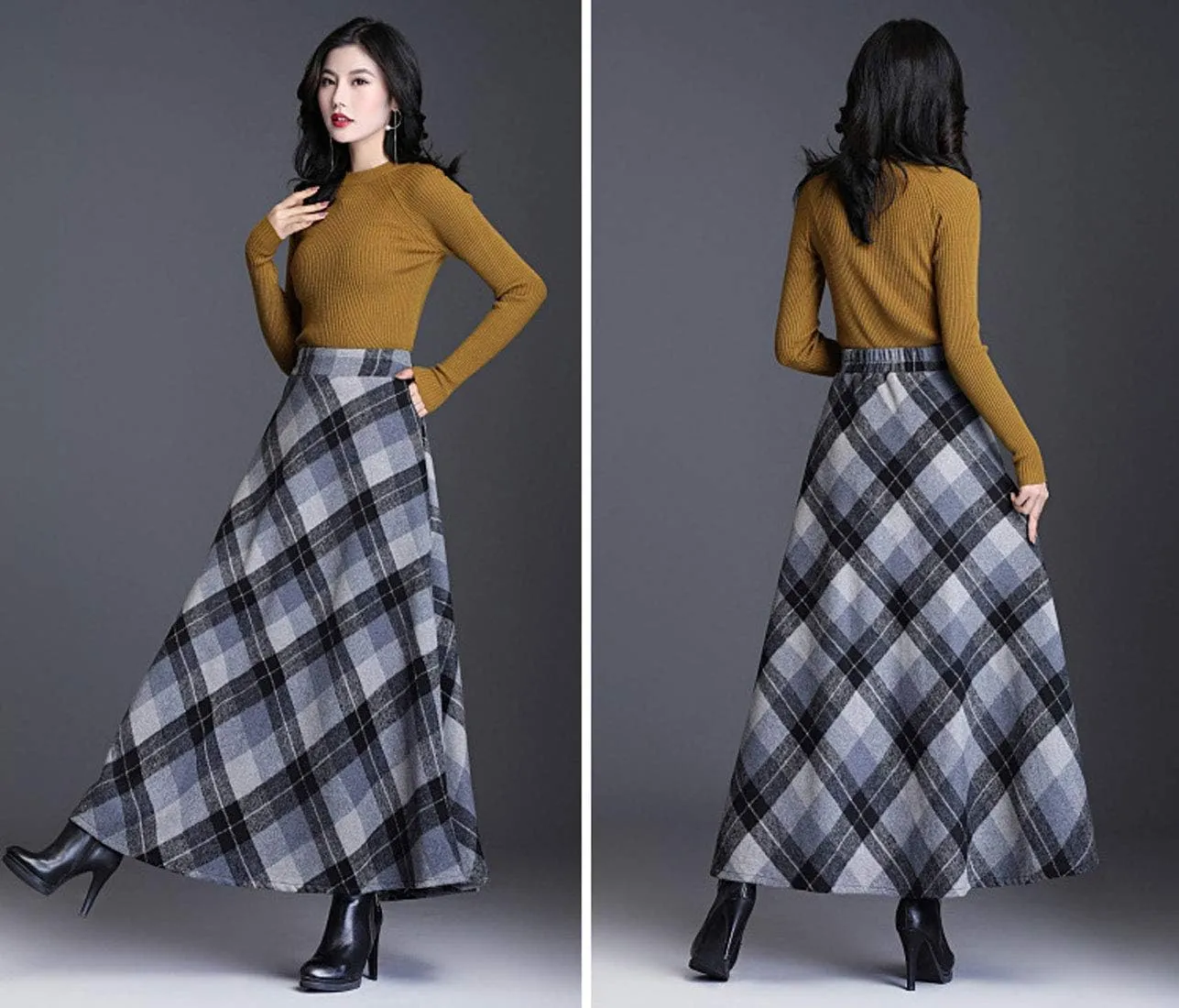 ebossy Women's Vintage High Waist Wool Blend Plaid A-Line Long Maxi Skirt with Pocket