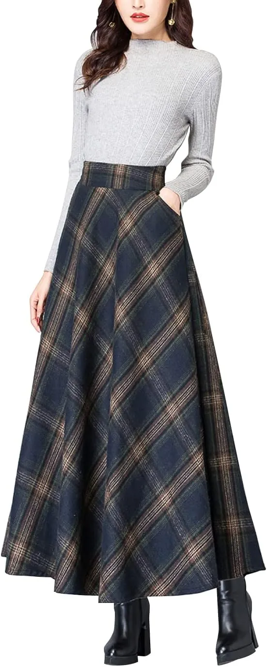 ebossy Women's Vintage High Waist Wool Blend Plaid A-Line Long Maxi Skirt with Pocket