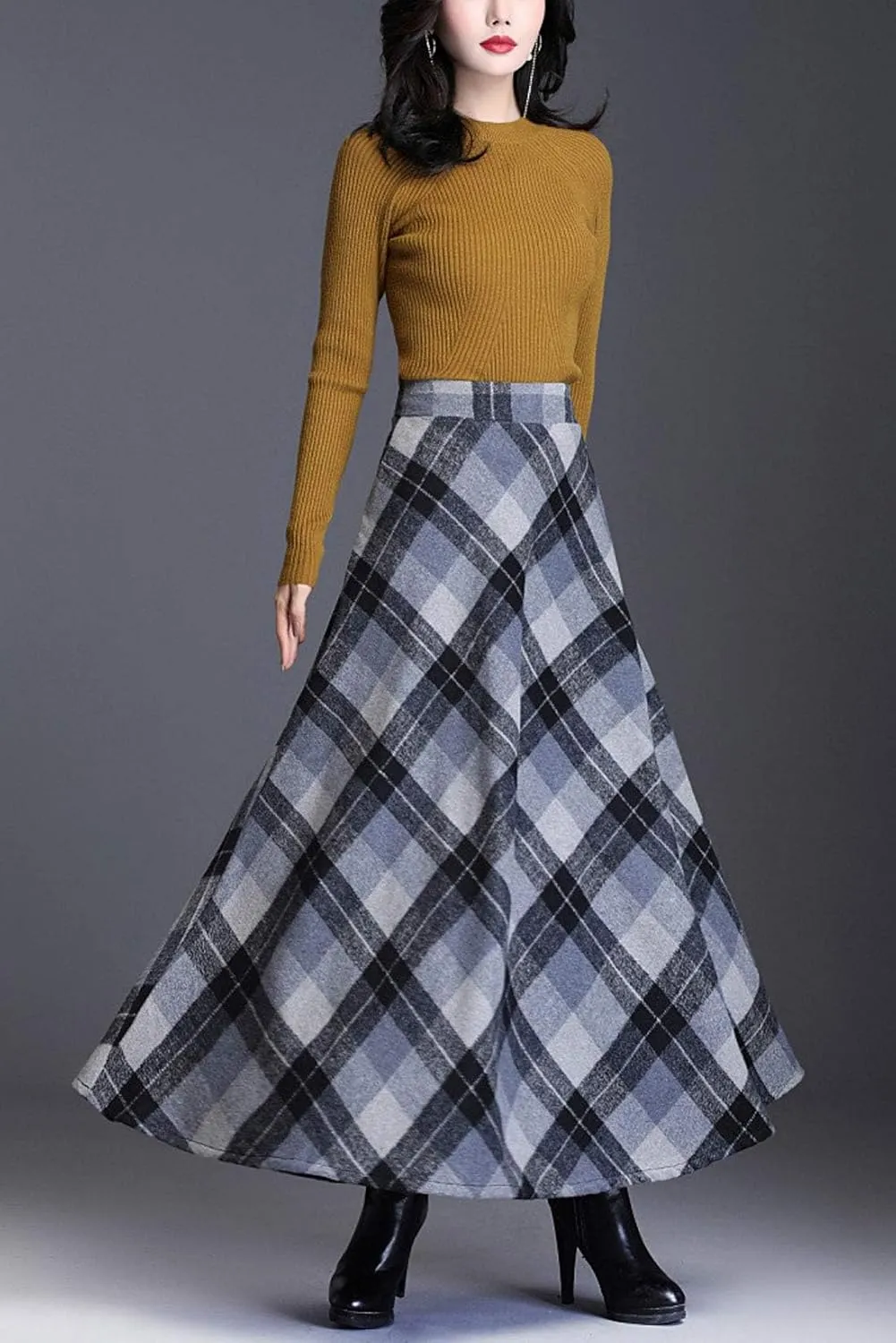 ebossy Women's Vintage High Waist Wool Blend Plaid A-Line Long Maxi Skirt with Pocket