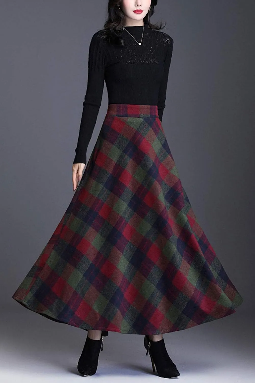 ebossy Women's Vintage High Waist Wool Blend Plaid A-Line Long Maxi Skirt with Pocket