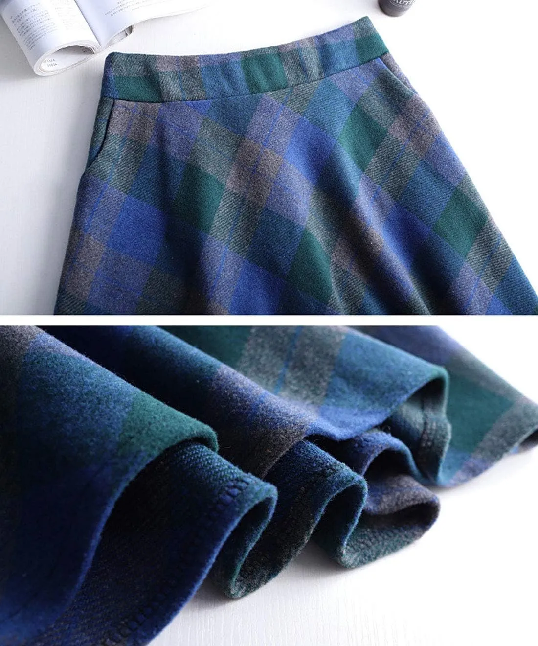 ebossy Women's Vintage High Waist Wool Blend Plaid A-Line Long Maxi Skirt with Pocket