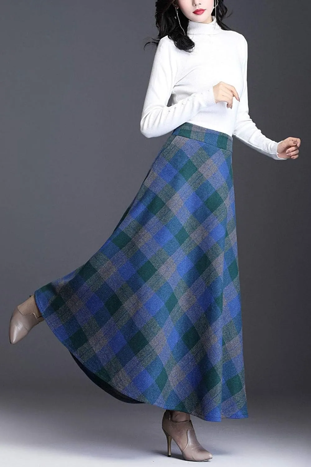 ebossy Women's Vintage High Waist Wool Blend Plaid A-Line Long Maxi Skirt with Pocket