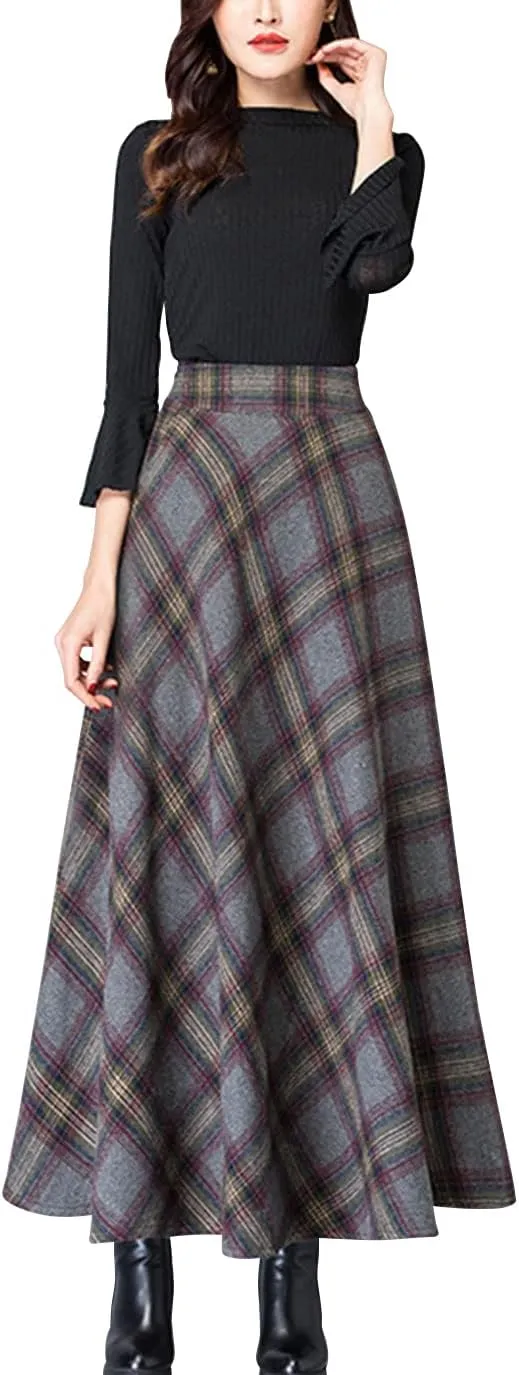 ebossy Women's Vintage High Waist Wool Blend Plaid A-Line Long Maxi Skirt with Pocket
