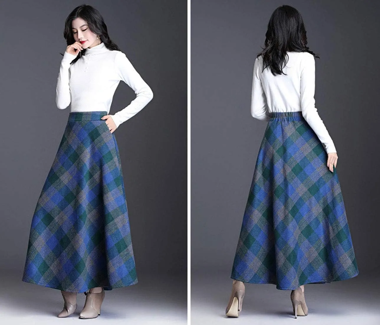 ebossy Women's Vintage High Waist Wool Blend Plaid A-Line Long Maxi Skirt with Pocket