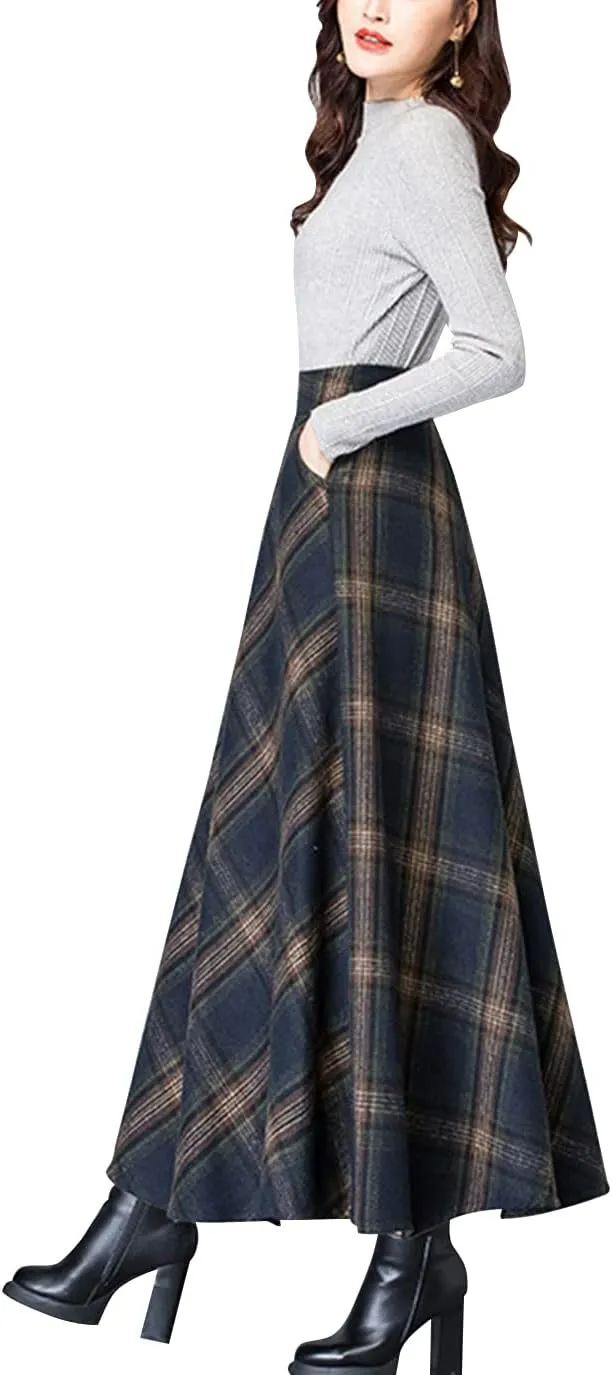 ebossy Women's Vintage High Waist Wool Blend Plaid A-Line Long Maxi Skirt with Pocket