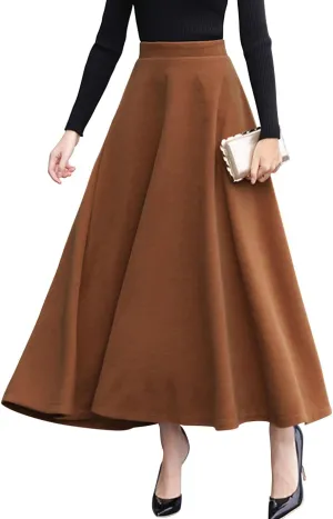 ebossy Women's Vintage High Waist Wool Blend Plaid A-Line Long Maxi Skirt with Pocket
