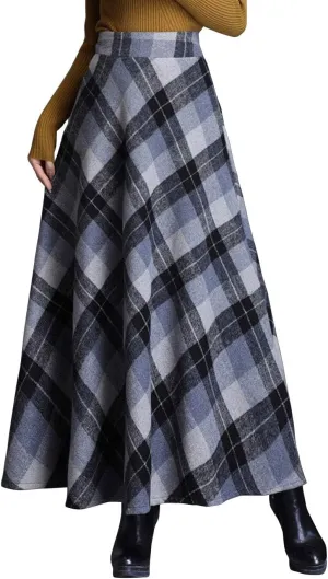 ebossy Women's Vintage High Waist Wool Blend Plaid A-Line Long Maxi Skirt with Pocket