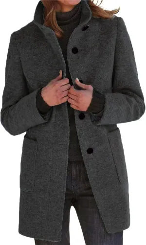 ebossy Women's Winter Warm Stand Collar Single Breasted Wool Long Pea Coat Casual Business Loose Pockets Blazer Jacket