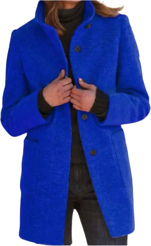 ebossy Women's Winter Warm Stand Collar Single Breasted Wool Long Pea Coat Casual Business Loose Pockets Blazer Jacket