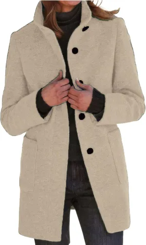 ebossy Women's Winter Warm Stand Collar Single Breasted Wool Long Pea Coat Casual Business Loose Pockets Blazer Jacket