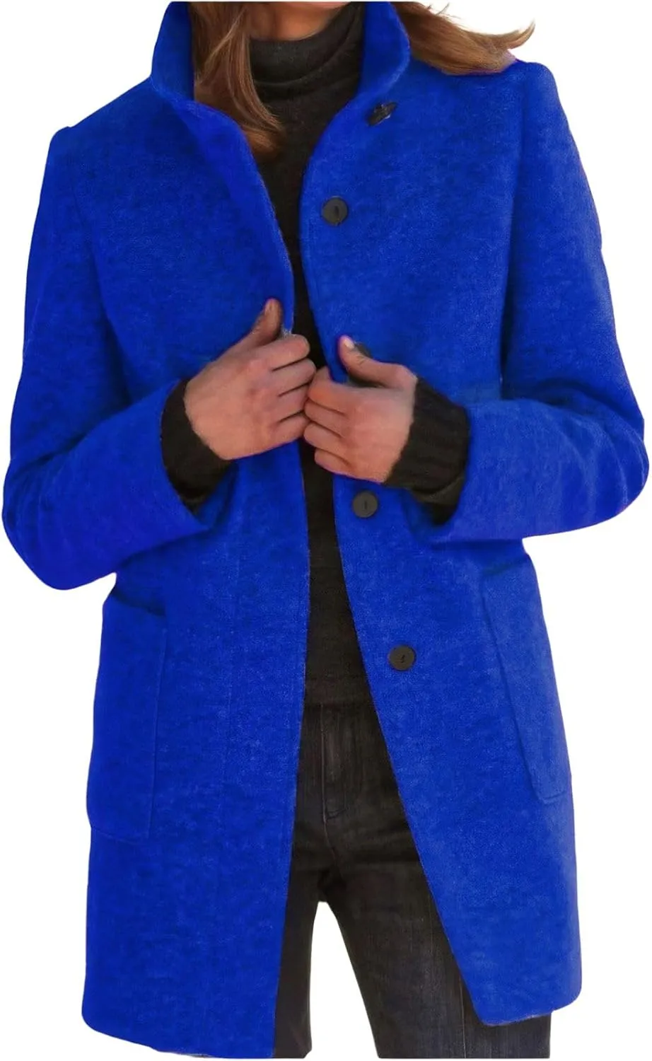 ebossy Women's Winter Warm Stand Collar Single Breasted Wool Long Pea Coat Casual Business Loose Pockets Blazer Jacket