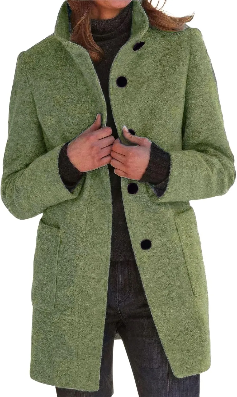 ebossy Women's Winter Warm Stand Collar Single Breasted Wool Long Pea Coat Casual Business Loose Pockets Blazer Jacket
