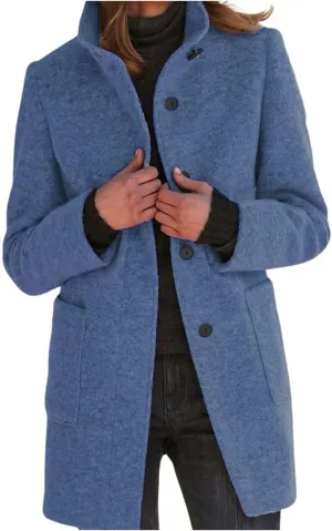 ebossy Women's Winter Warm Stand Collar Single Breasted Wool Long Pea Coat Casual Business Loose Pockets Blazer Jacket