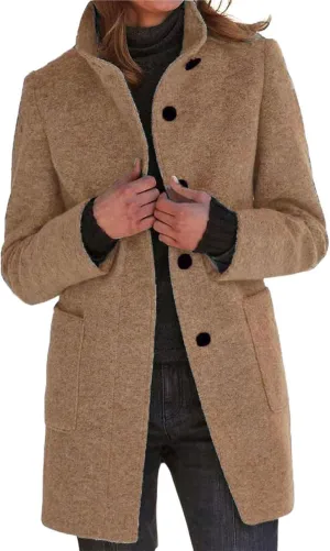 ebossy Women's Winter Warm Stand Collar Single Breasted Wool Long Pea Coat Casual Business Loose Pockets Blazer Jacket