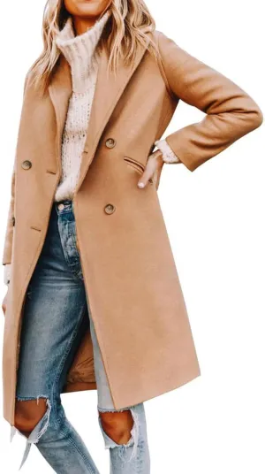 ECDAHICC Women's Winter Wool Blend Coat Notch Lapel Double-Breasted Mid Long Trench Coat Outwear