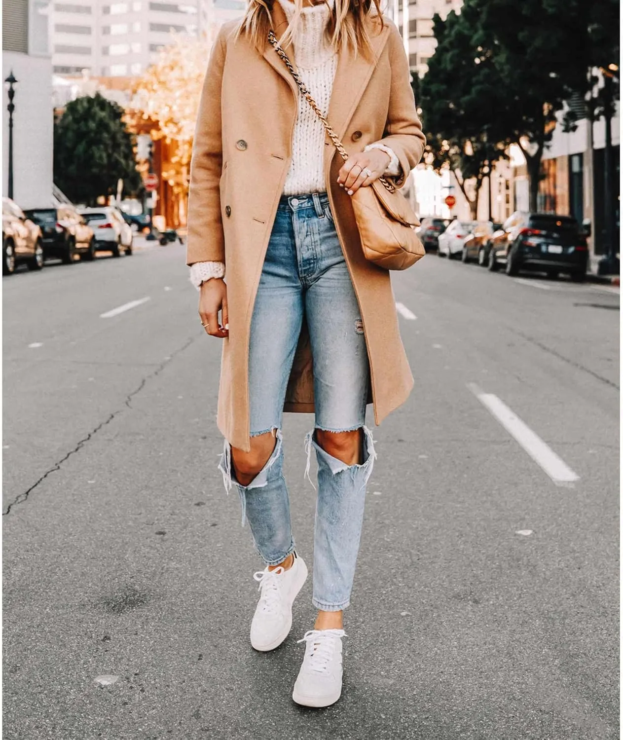 ECDAHICC Women's Winter Wool Blend Coat Notch Lapel Double-Breasted Mid Long Trench Coat Outwear