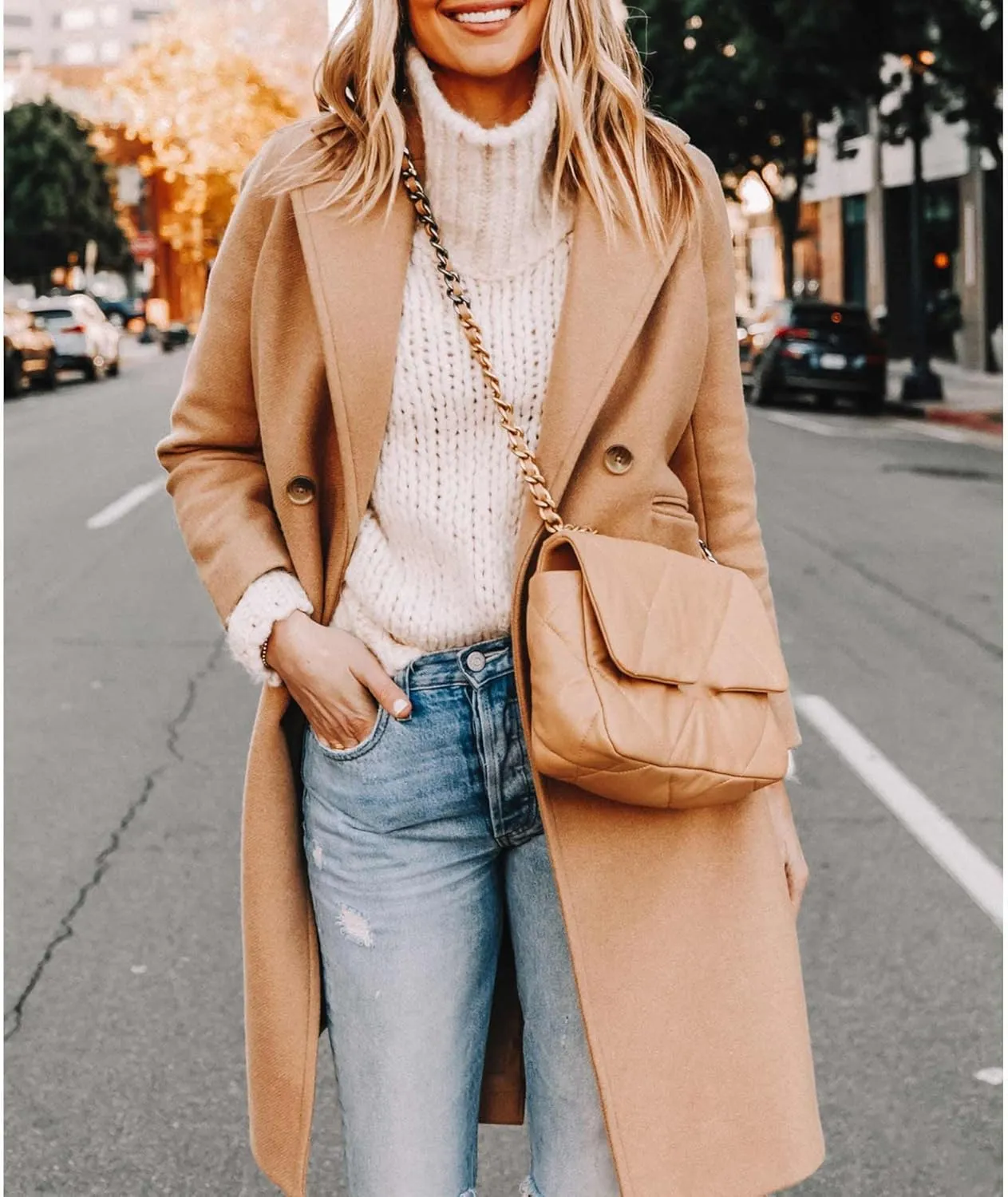 ECDAHICC Women's Winter Wool Blend Coat Notch Lapel Double-Breasted Mid Long Trench Coat Outwear