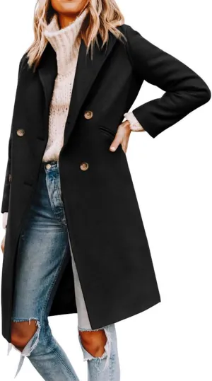 ECDAHICC Women's Winter Wool Blend Coat Notch Lapel Double-Breasted Mid Long Trench Coat Outwear