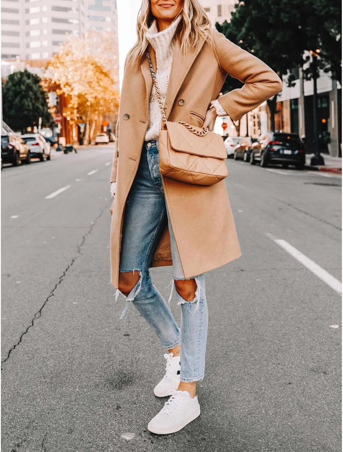ECDAHICC Women's Winter Wool Blend Coat Notch Lapel Double-Breasted Mid Long Trench Coat Outwear