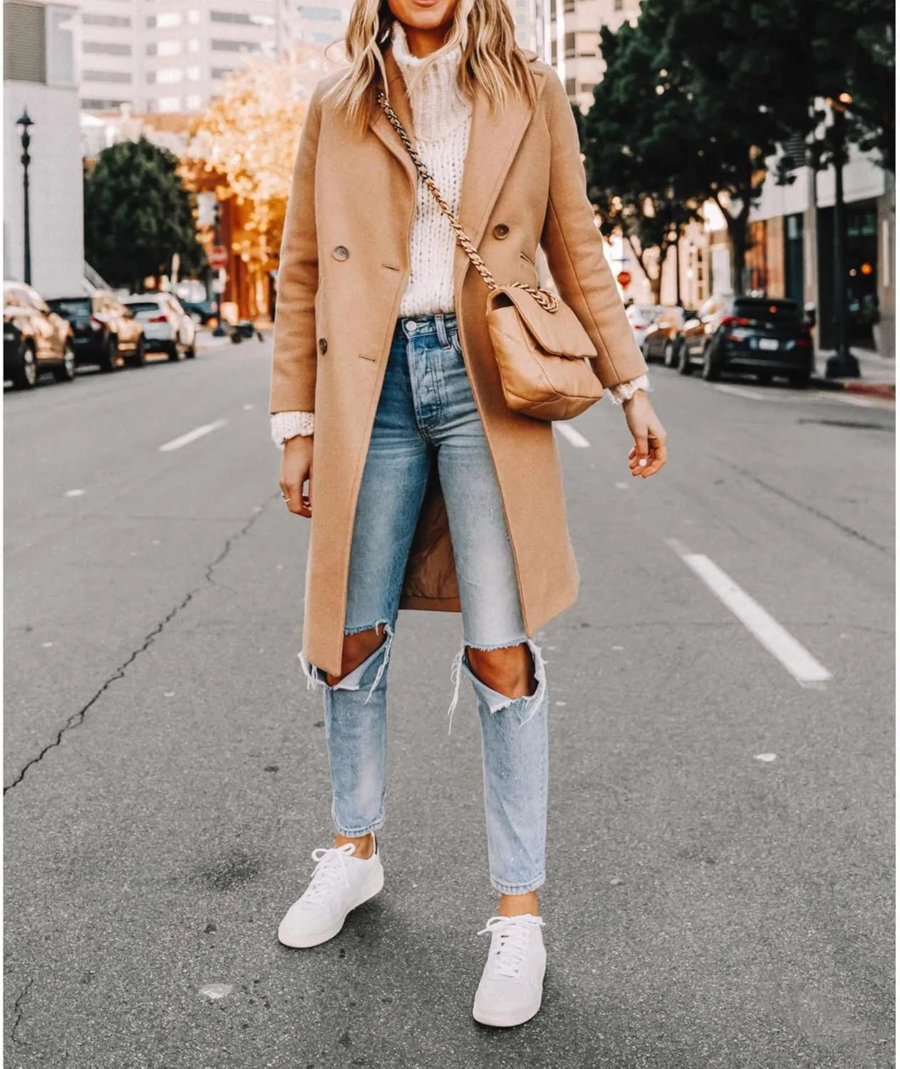ECDAHICC Women's Winter Wool Blend Coat Notch Lapel Double-Breasted Mid Long Trench Coat Outwear