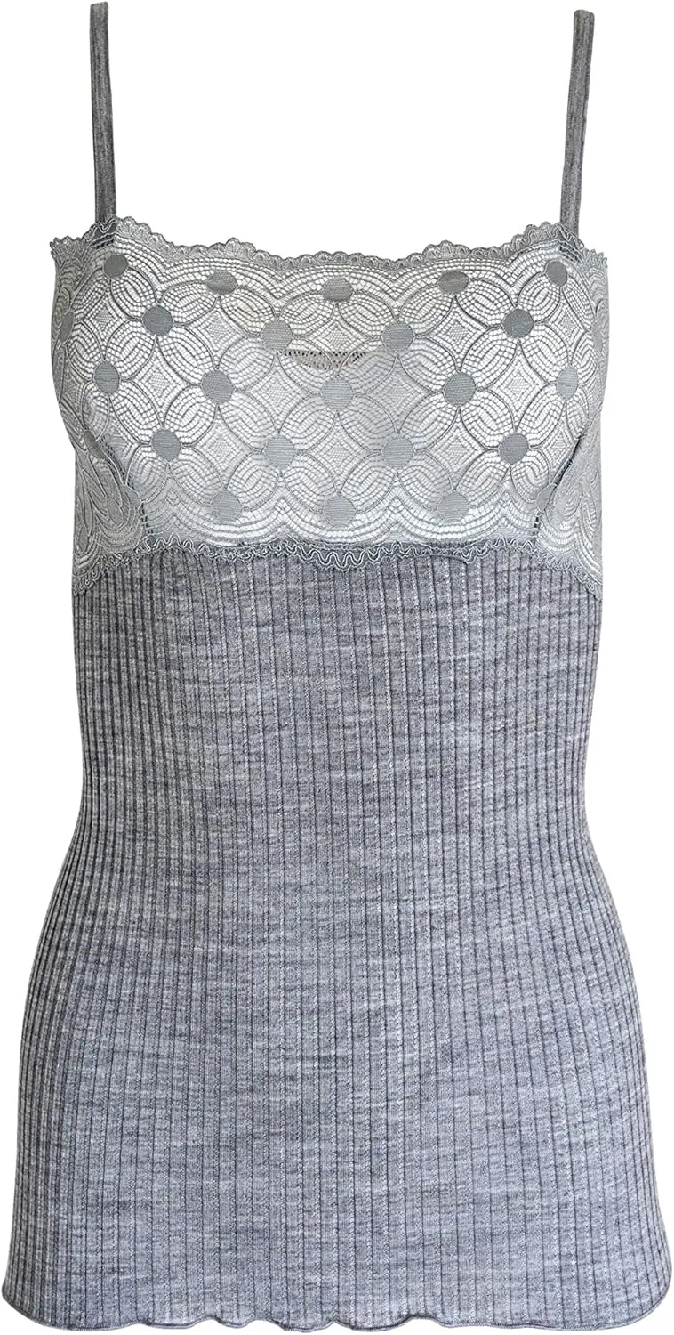 EGI  Exclusive Collections Women's Merino Wool Blend Spaghetti Straps Lace-Trimmed Camisole. Proudly Made in Italy.