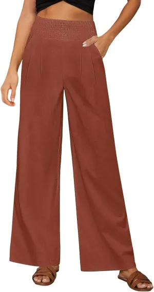 Elastic Waist Dress Pants Women Tummy Control Casual Baggy Linen Wide Leg Pants Summer Lounge Pants with Pockets