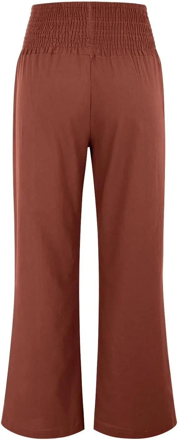 Elastic Waist Dress Pants Women Tummy Control Casual Baggy Linen Wide Leg Pants Summer Lounge Pants with Pockets