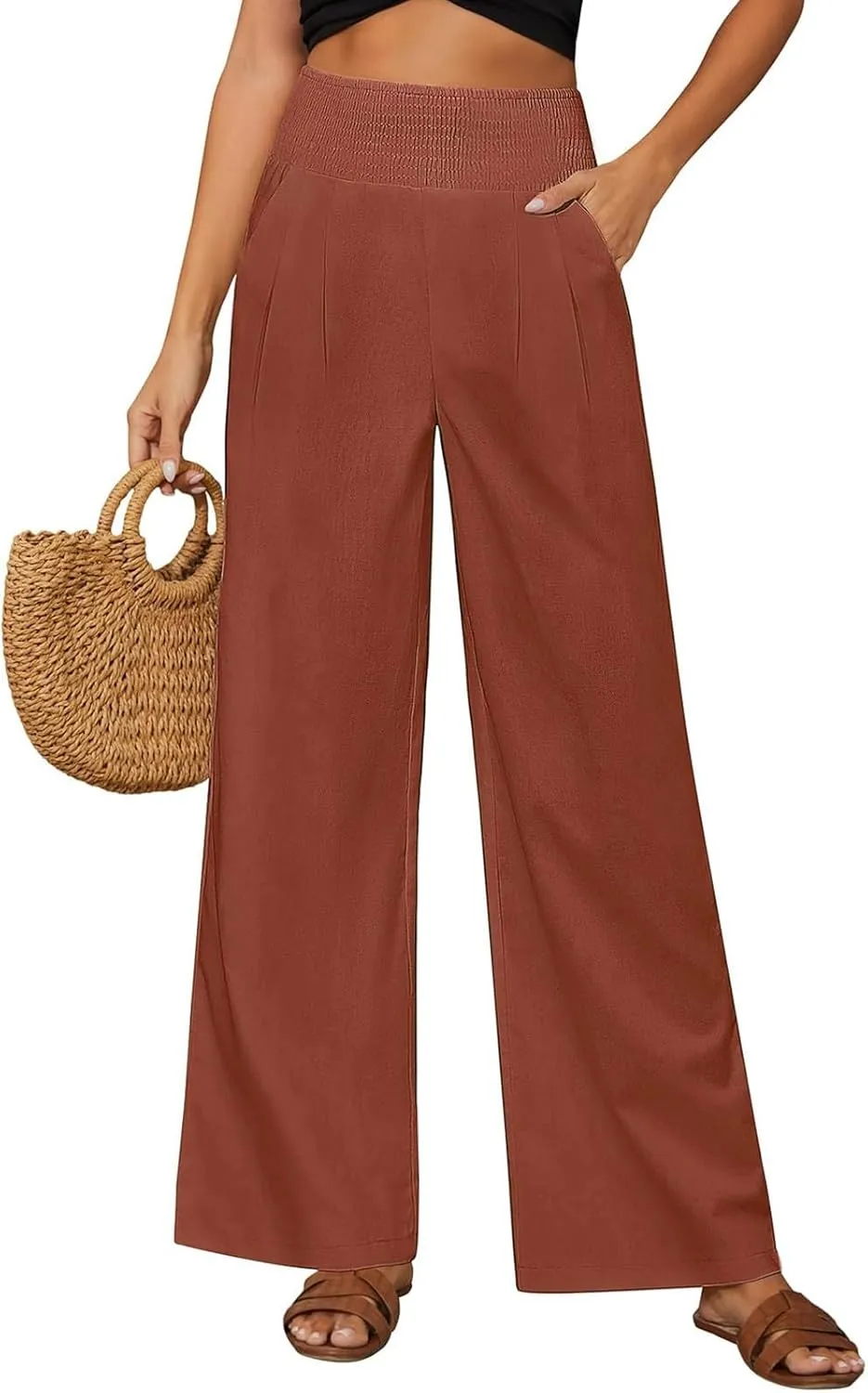Elastic Waist Dress Pants Women Tummy Control Casual Baggy Linen Wide Leg Pants Summer Lounge Pants with Pockets
